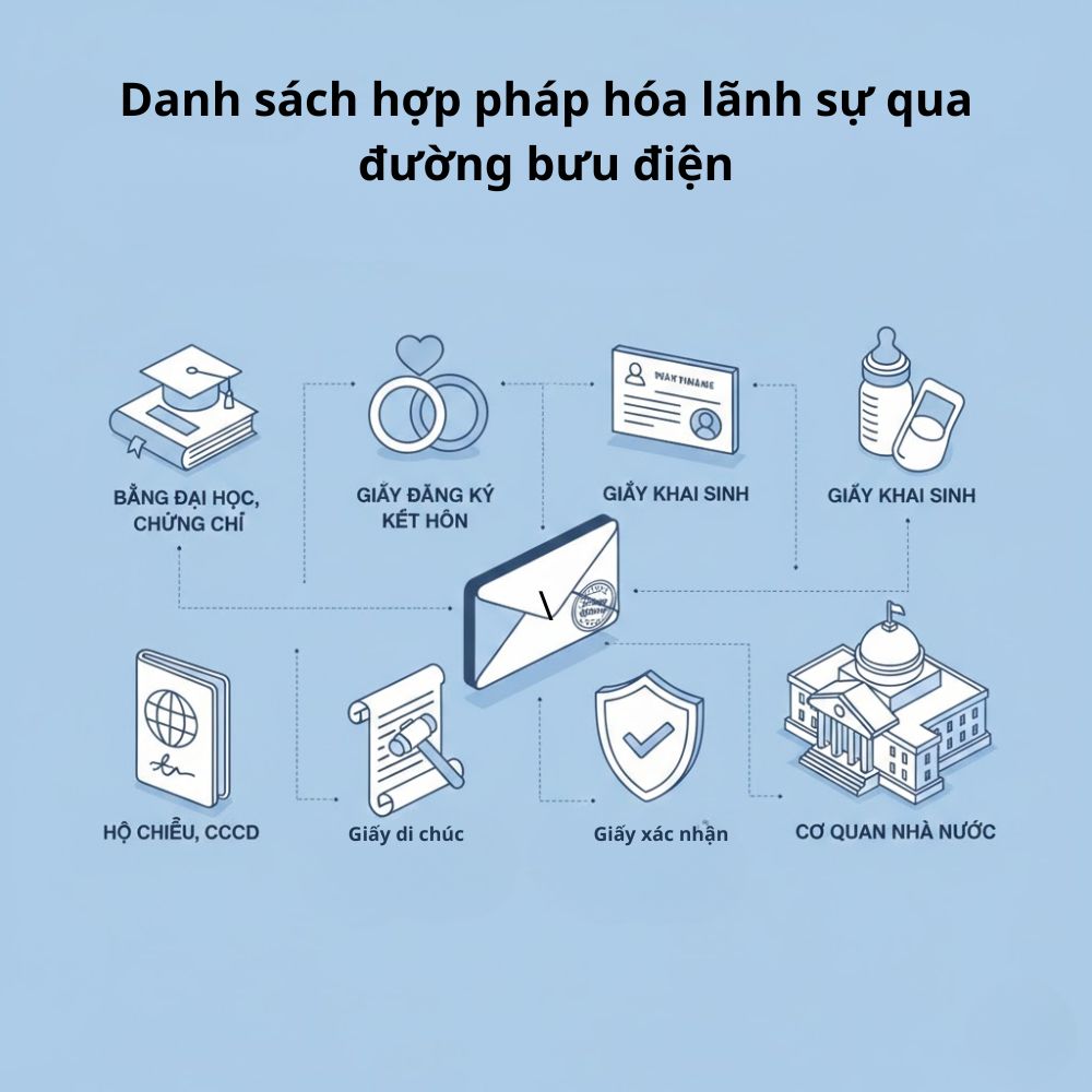 Mẫu tem và con dấu xác nhận khi thực hiện hợp pháp hóa lãnh sự qua đường bưu điện cho các loại giấy tờ cá nhân và văn bản thương mại tại Cục Lãnh sự.