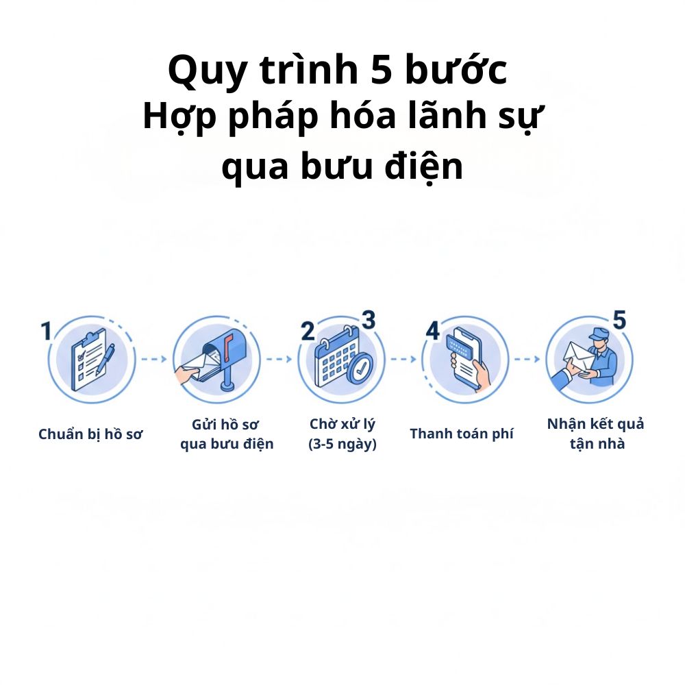 Sơ đồ 5 bước chi tiết quy trình hợp pháp hóa lãnh sự qua đường bưu điện giúp người dân tiết kiệm thời gian và chi phí đi lại tối đa.