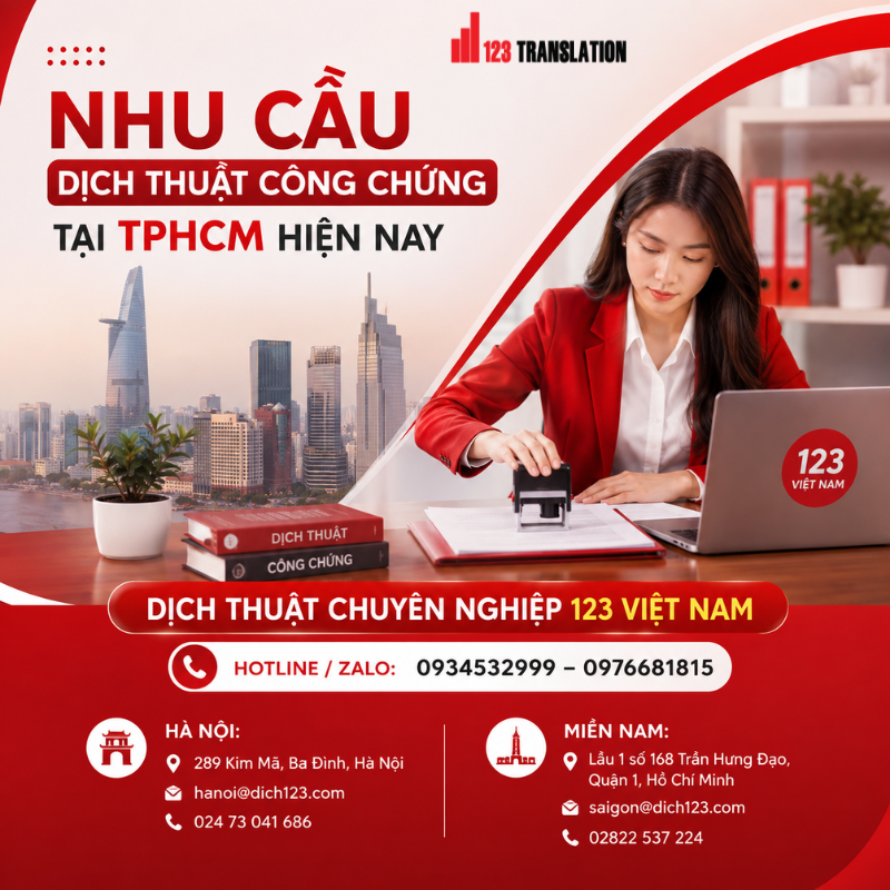 Chi phí dịch thuật công chứng TPHCM giá rẻ có thể phụ thuộc vào ngôn ngữ, số lượng trang, nội dung tài liệu và thời gian hoàn thành.